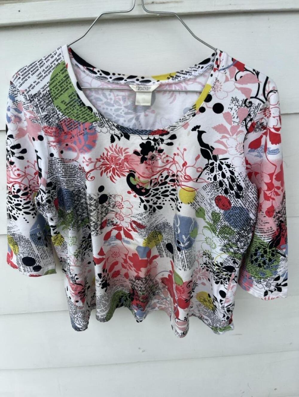 Y2K Christopher & Banks Floral Newsprint Peacock Top XL